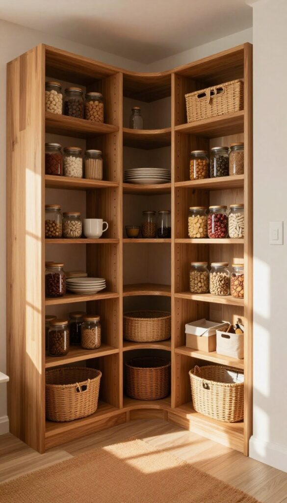 Small pantry with a warm terracotta and mustard runner on the floor, wooden shelves, organized jars, and natural light.