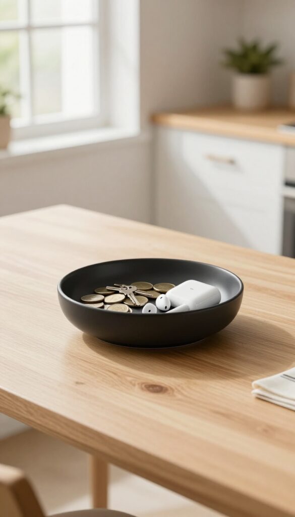 A ceramic catch-all bowl on a kitchen desk holding keys and coins, with natural light and clean background.