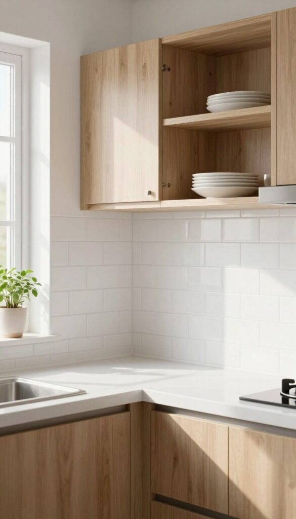 Bright kitchen with glossy white subway tile backsplash extending to ceiling, light wooden cabinets, open shelving, and natural sunlight.
