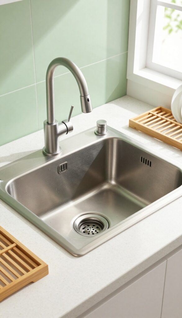 Compact deep single-basin sink with gooseneck faucet in small wet kitchen