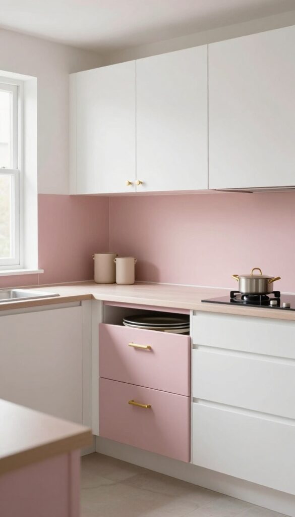 Blush pink lower cabinets with white upper cabinets in a bright kitchen, brass hardware, organized drawers
