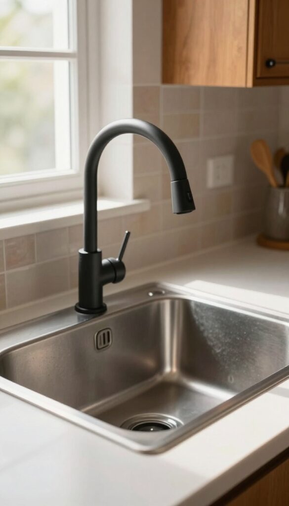 Close-up of a modern matte black kitchen faucet over a clean stainless steel sink, with warm natural light and wooden cabinets in the background.