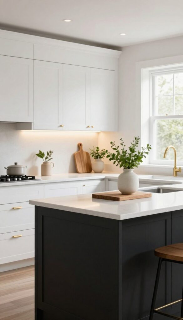 Modern kitchen with two-tone black and white cabinets and under-cabinet lighting