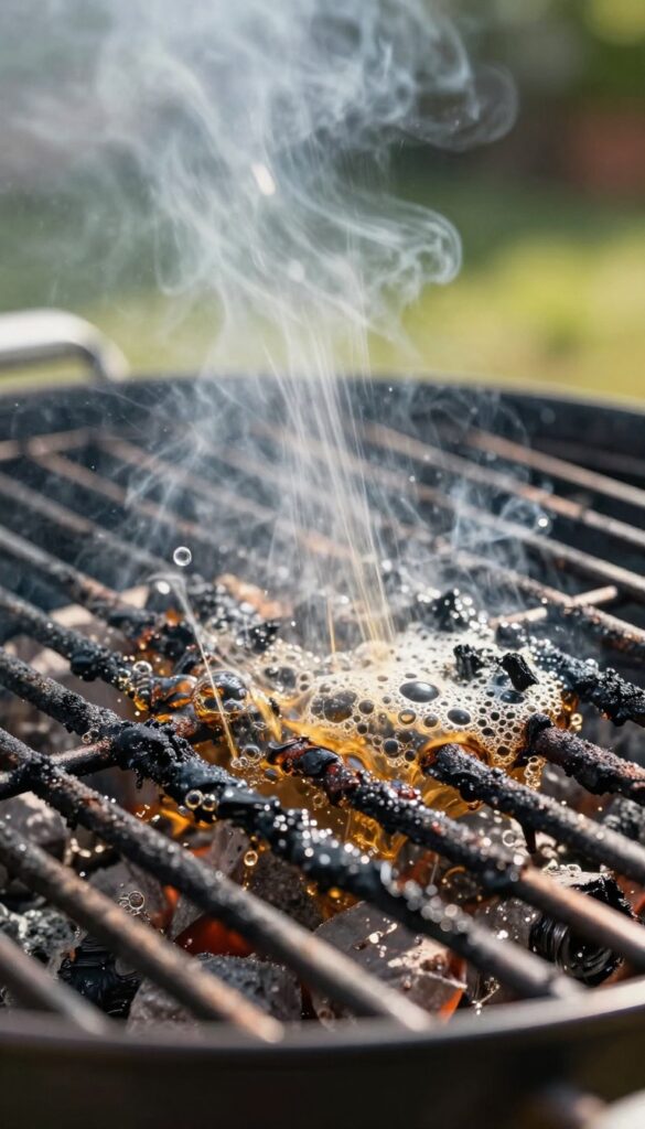 Spraying beer on a dirty grill grate to loosen stubborn grime