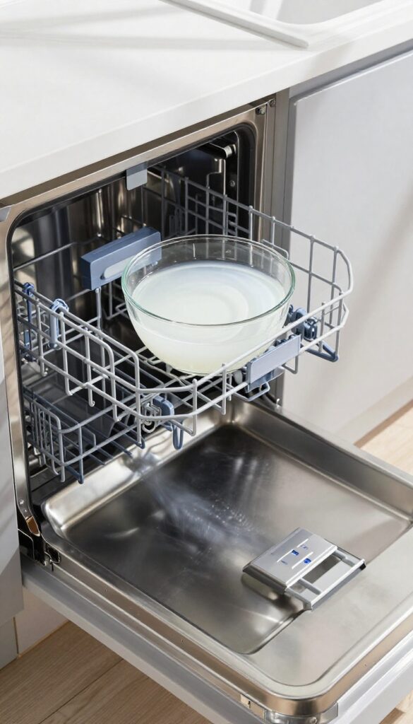 White vinegar in a bowl on the top rack of an open dishwasher, ready for a cleaning cycle
