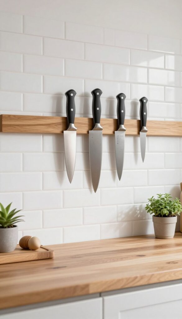 Wooden magnetic knife strip on white subway tile backsplash holding chef knives, clean kitchen counter with cutting board and herbs.