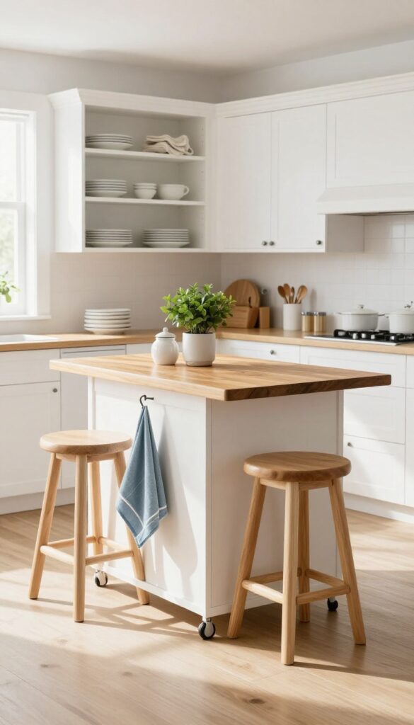 Rolling kitchen cart with butcher-block top and stools in bright eat-in kitchen