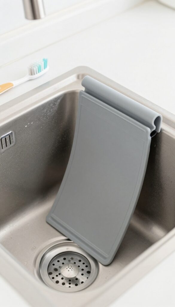 Close-up of kitchen sink garbage disposal rubber splash guard being cleaned with toothbrush and dish soap
