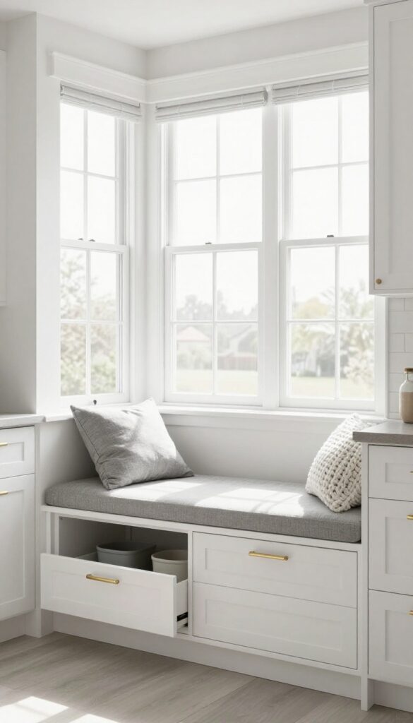 Modern kitchen nook with bay window and window seat with pull-out drawers, clean and airy design.