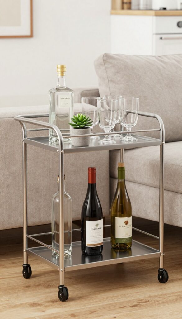 Small bar cart on wheels in open living room with bottles, glasses, and a succulent, near a sofa and kitchen.