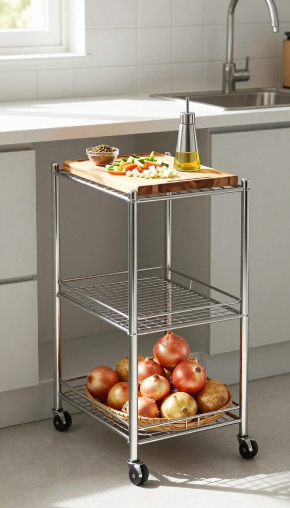 Rolling cart in Indian kitchen with prep space and storage