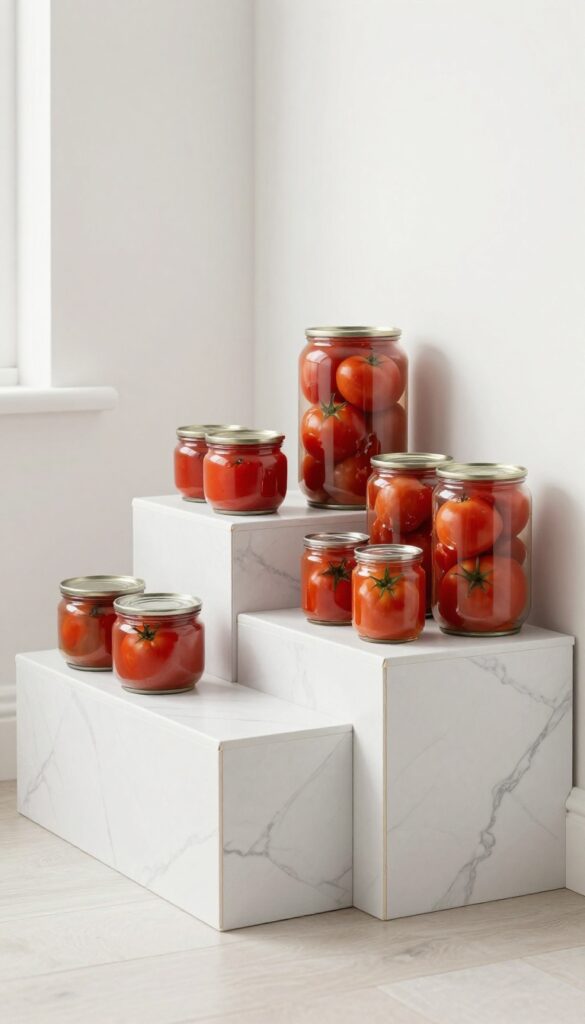 DIY cardboard shelf risers in a pantry, covered in marble contact paper, organizing cans and jars.