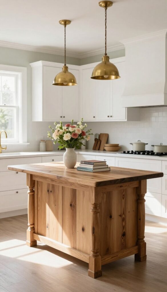 A weathered wood kitchen island with turned legs, topped with flowers and cookbooks, under brass pendant lights in a light and airy shabby chic kitchen.