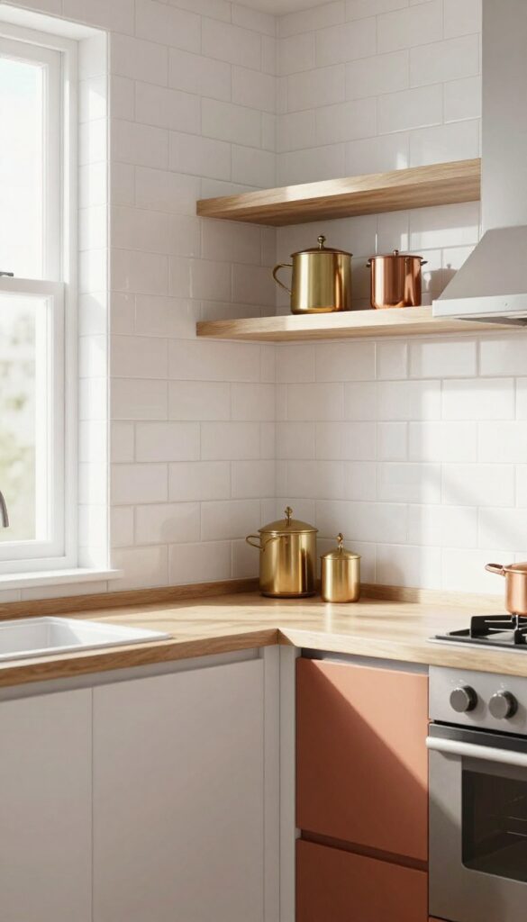 Bright white subway tiles with a warm terracotta accent wall in a small Indian kitchen, light wood shelves and brass accents