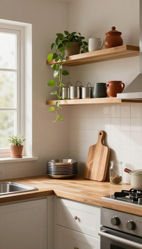 Open shelving in a kitchen displaying steel thalis, katoris, ceramic mugs, and a small plant, creating an airy and organized look.