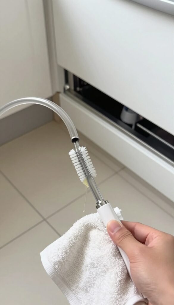 Person checking dishwasher drain hose with a brush, kitchen setting