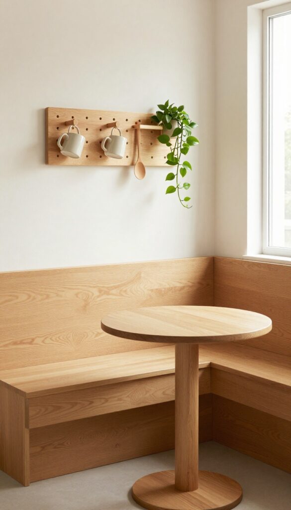 Cozy kitchen booth with pegboard hanging storage for mugs and utensils
