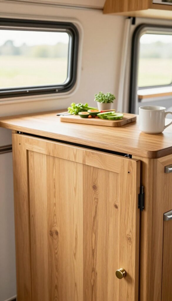 Fold-down wooden counter extension in a compact caravan kitchen with cutting board, vegetables, herb pot, and ceramic mug in natural light.