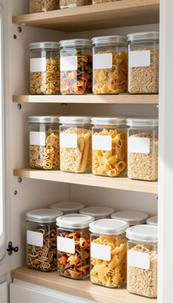 RV pantry shelf with matching clear glass jars filled with dry goods, neatly organized with labels, illuminated by natural light.