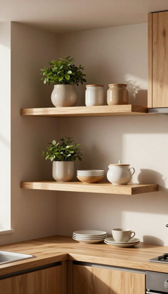 Brown kitchen cabinets with floating shelves in corner, styled with jars and plant, warm natural light