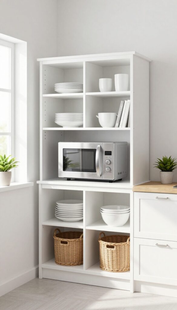 White hutch in kitchen corner with microwave inside middle compartment, surrounded by dishes and cookbooks, bright natural light