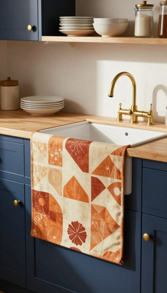 Navy blue kitchen with vintage runner in warm tones
