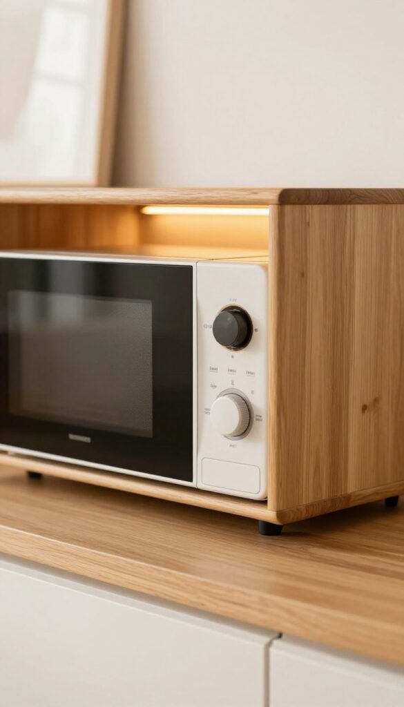 Under-cabinet shelf with microwave slightly recessed, warm LED light, and matching brackets in a small kitchen