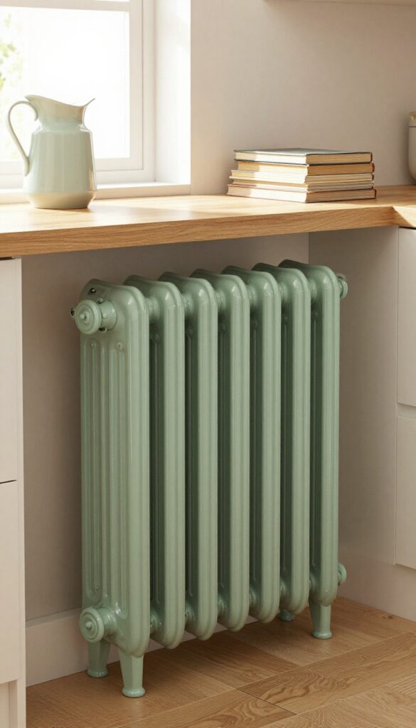 Vintage-style cast-iron radiator with ornate scrollwork in a farmhouse kitchen, painted sage green, under a window with natural light, shelf with ceramic pitcher and cookbooks above.