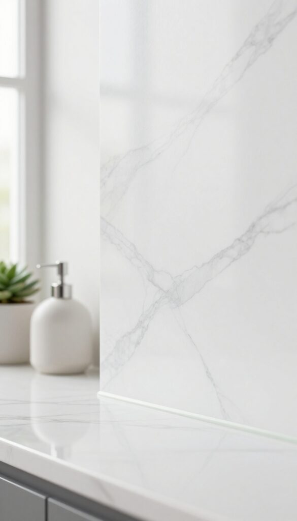 Close-up of a kitchen backsplash with white marble contact paper featuring faint gray veining and a subtle sage green geometric pattern, with a soap dispenser and succulent on the counter.