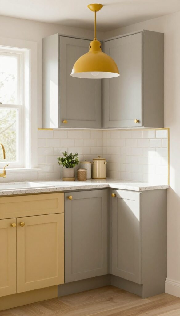 A small galley kitchen with grey lower cabinets and yellow upper cabinets, brass hardware, and a bright natural light.