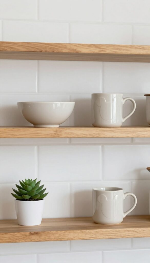 A kitchen shelf with three white ceramic items arranged to form a hidden Mickey shape, with a small plant beside them.