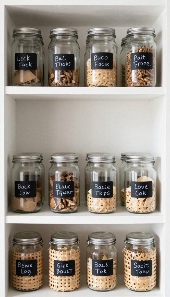 Pantry shelf with labeled glass jars and woven bins using chalkboard stickers