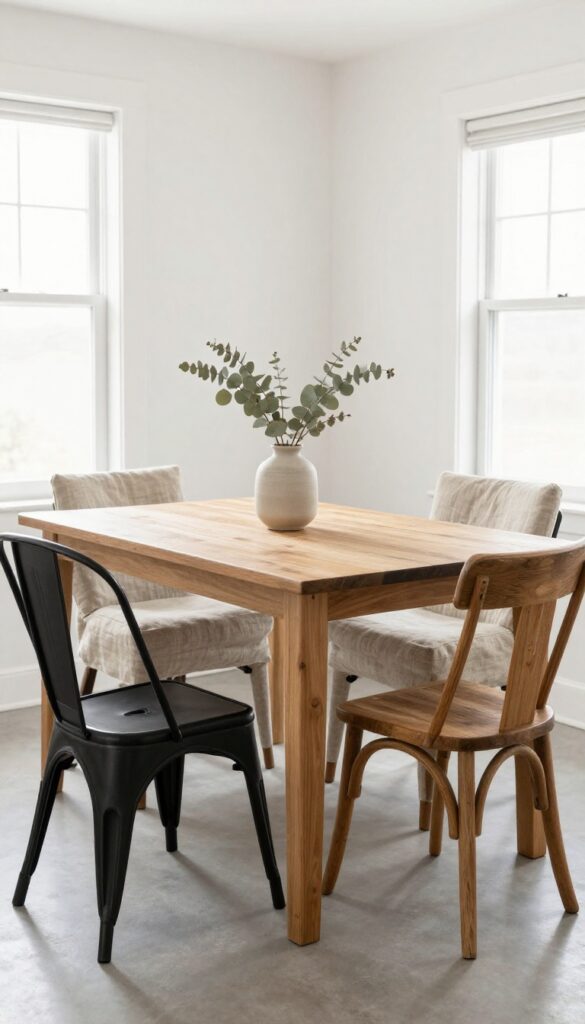 Mismatched chairs around a wooden dining table in a bright kitchen with natural light and simple decor