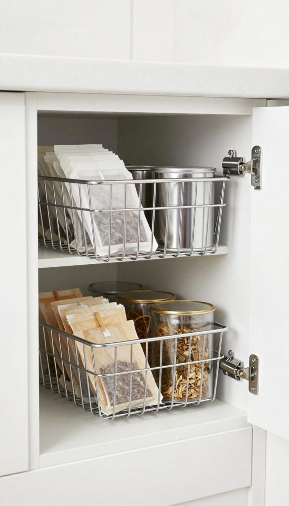 Under-shelf wire baskets storing tea bags and spices in a modern kitchen cabinet