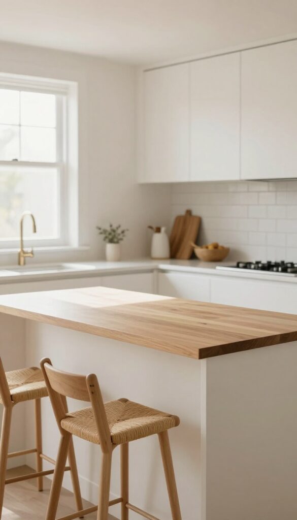Modern kitchen island with butcher block countertop, white quartz perimeter counters, and woven bar stools in natural light.