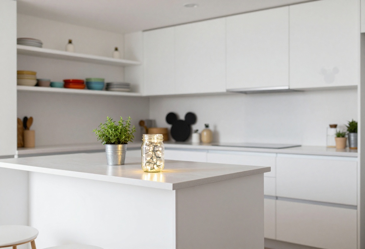 A cozy kitchen with fairy lights in a jar, open shelving with colorful dishes, and a subtle Mickey Mouse decal under cabinets.