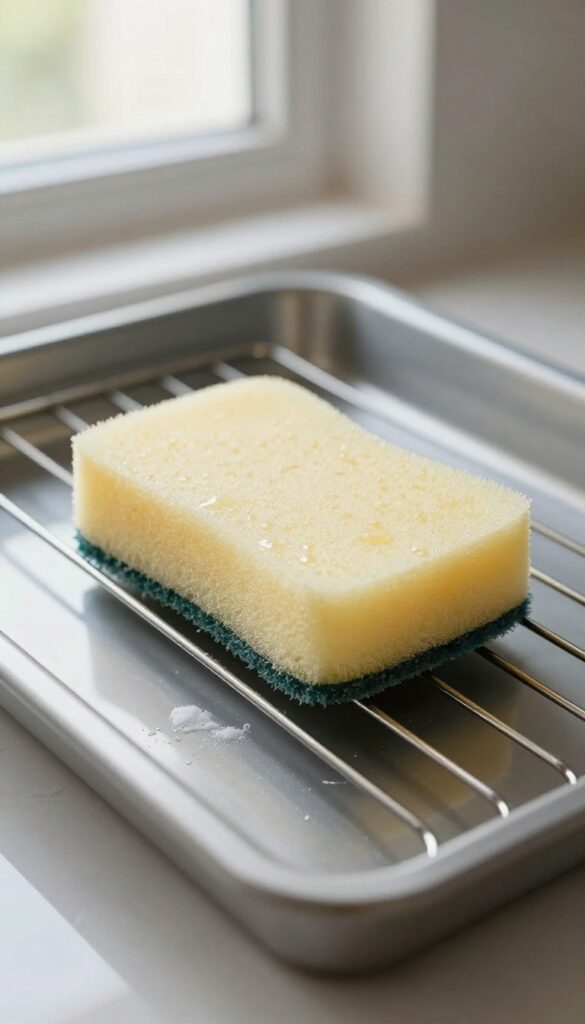 A soft sponge on a clean oven rack, with baking soda paste and bright natural light.