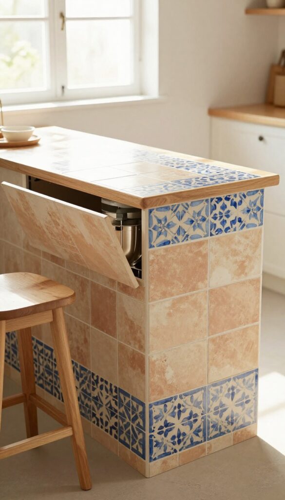 Kitchen island with tile mosaic countertop and lift-up lid hiding a stand mixer