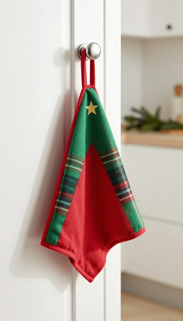 Red and green plaid dish towel folded into a Christmas tree shape hanging from a kitchen cabinet knob, with a gold star sticker on top.