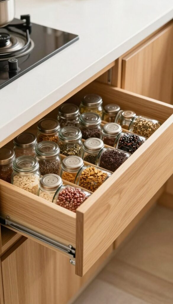 Pull-out spice drawer at end of kitchen cabinet, organized with spice jars, natural light, clean design
