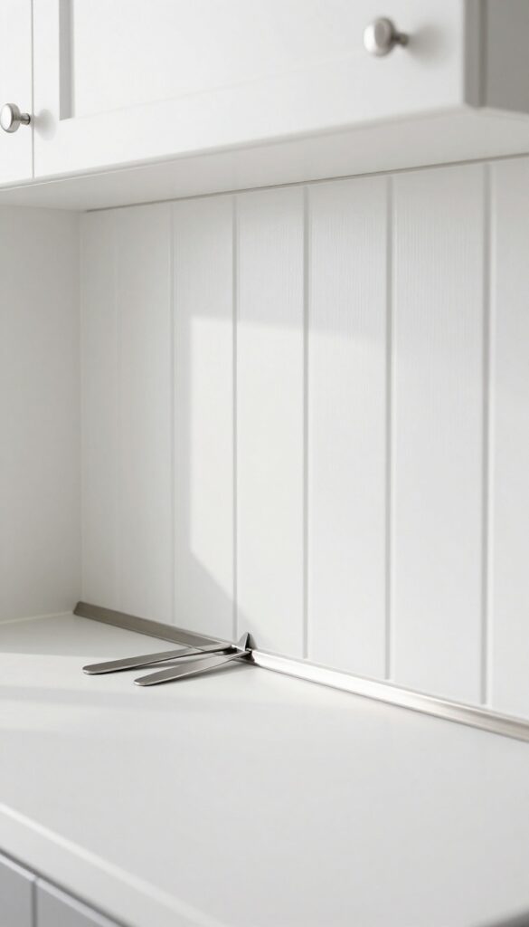 White beadboard kitchen backsplash with magnetic strip holding knives and utensils, bright natural light