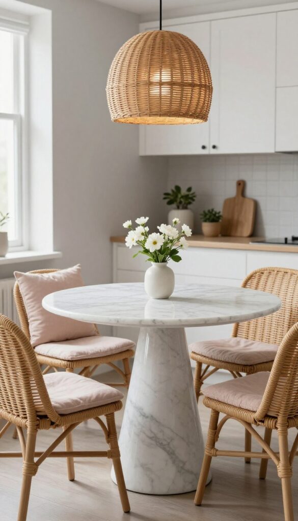 A small marble-top bistro table with wicker chairs in a kitchen corner, creating a cozy breakfast nook with soft vintage character.