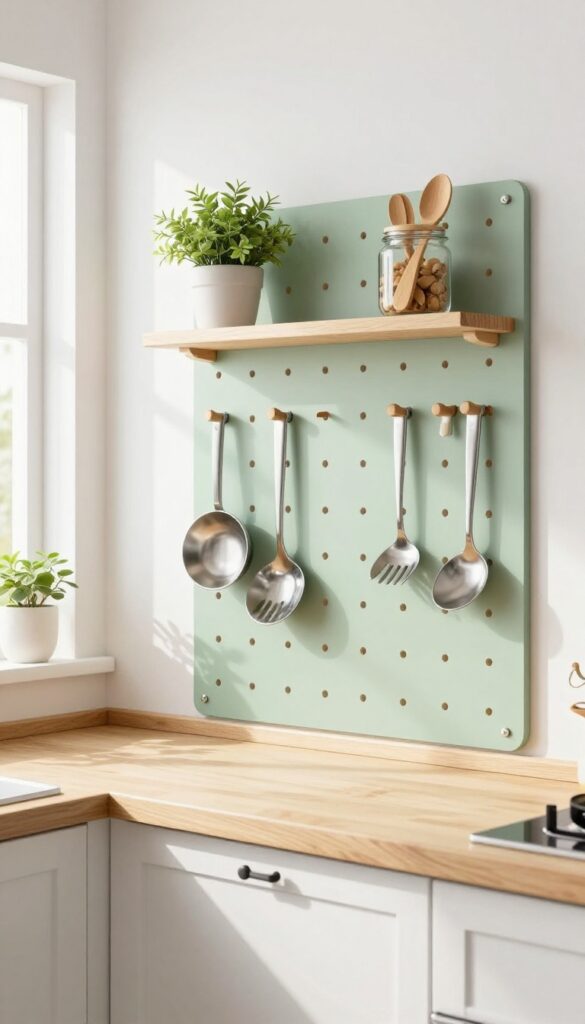 A cozy kitchen with a sage green pegboard holding cooking tools and a small shelf with a plant and wooden spoons.
