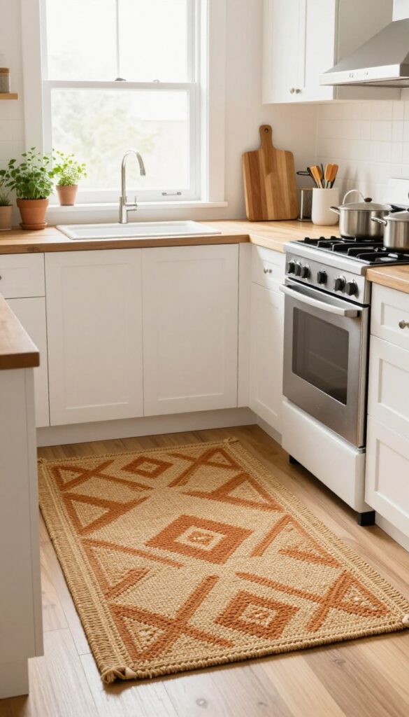 Small kitchen with a colorful geometric rug in front of the stove, warm natural light, white cabinets, and herbs on the windowsill.