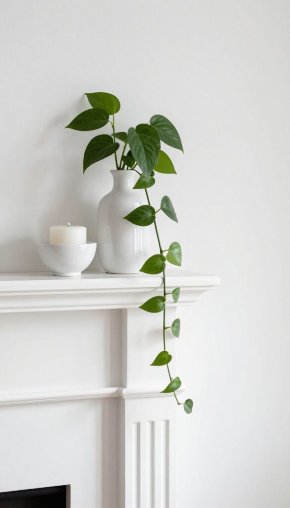 Minimalist white kitchen mantel vignette with trailing pothos and simple ceramics