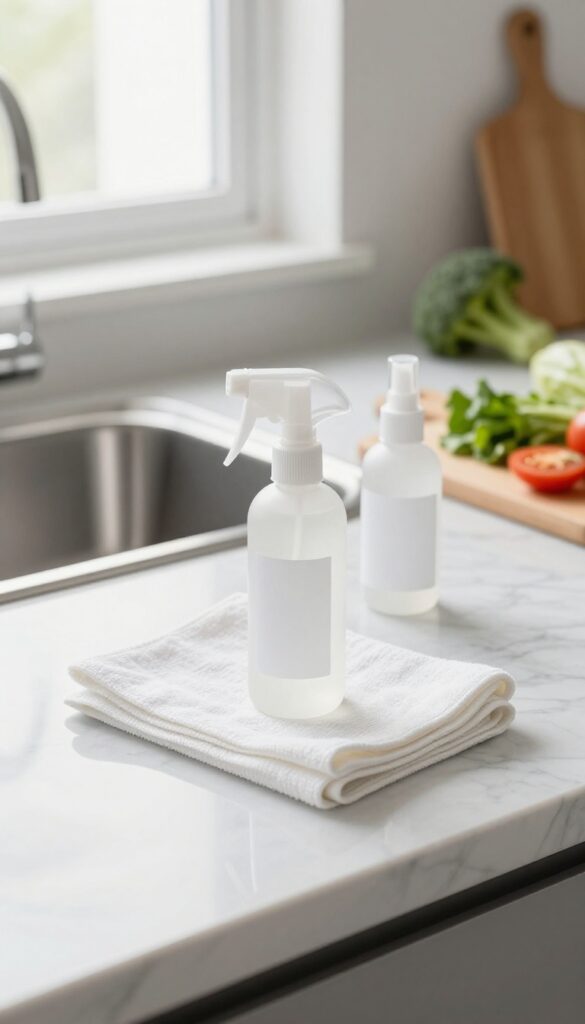 All-purpose spray cleaner on a kitchen counter with microfiber cloth, natural light, clean and organized kitchen.