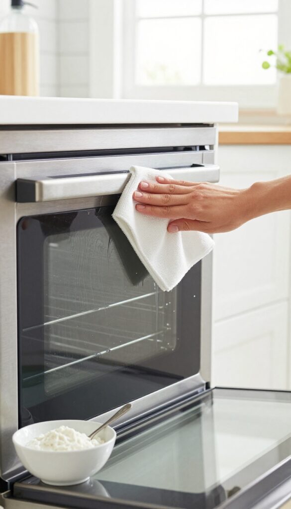 Hand buffing oven glass door with microfiber cloth, bowl of vinegar and cornstarch paste nearby.