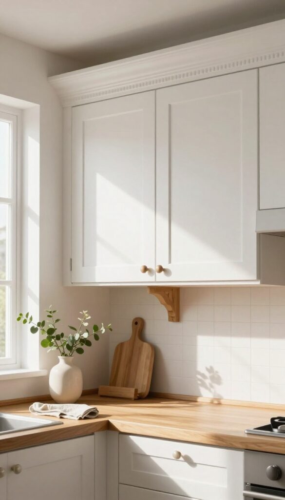 Close-up of kitchen cabinets with crown molding and a decorative corbel, natural light, cozy and layered feel