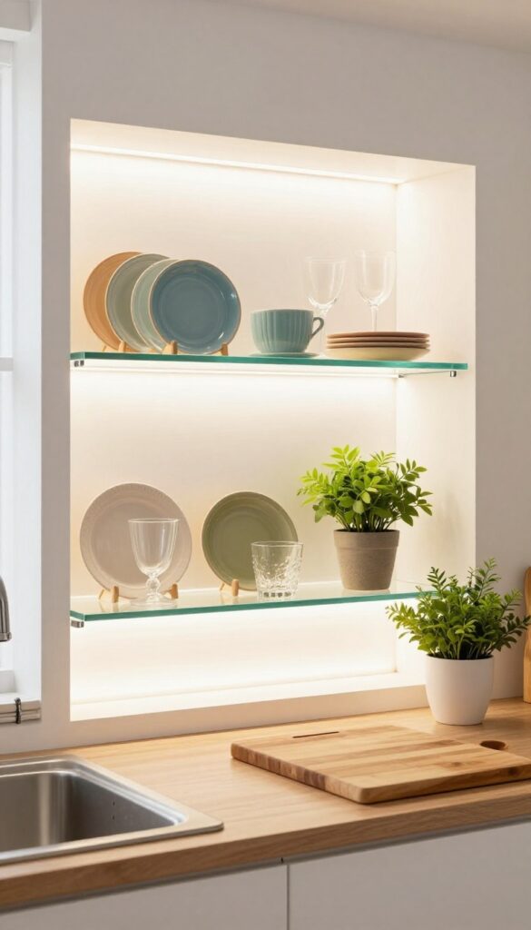 Glass shelves with LED lighting in a modern kitchen, displaying colorful dishes and glassware, with natural light from a window.