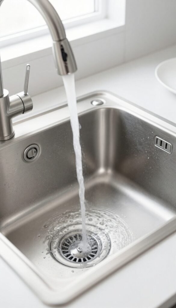 Cold water running into kitchen sink drain with garbage disposal